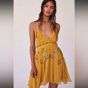 Rare Free People Sun Beams Embellished Mini Dress size Small. Boho